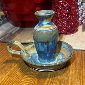 Mid-Century Modern Olson blue drip glazed ceramic candle holder